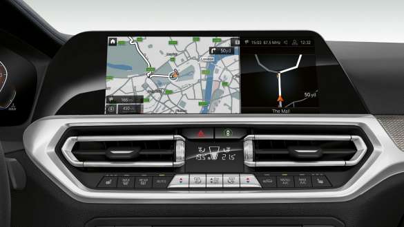 Frontal close-up of the cockpit display of the BMW 3 Series Sedan with BMW Live Cockpit Professional.